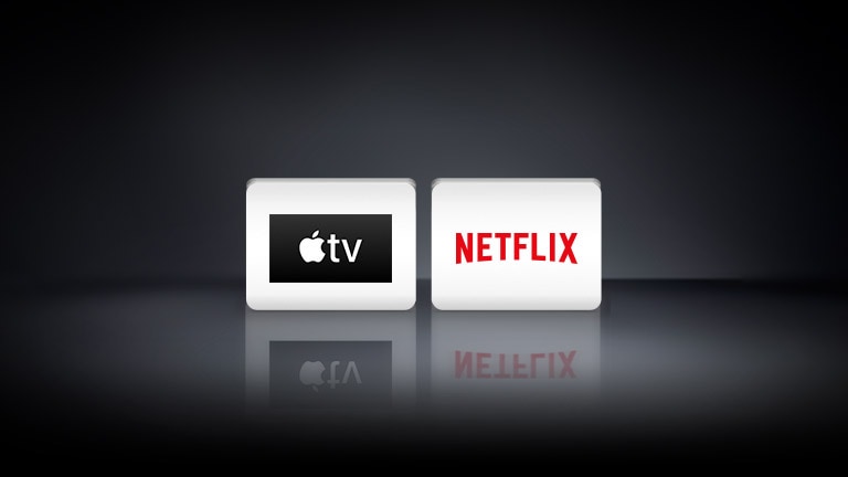 Iš kairės į dešinę pavaizduoti trys programų logotipai:  „Apple TV“ ir „Netflix“.