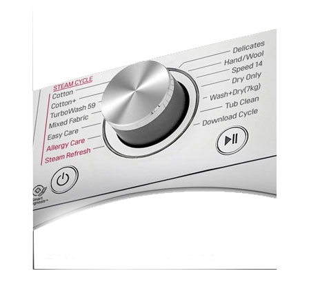 Išdidintas skalbyklės skydelio metalinės rankenėlės vaizdas.