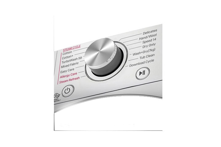 Išdidintas skalbyklės skydelio metalinės rankenėlės vaizdas.