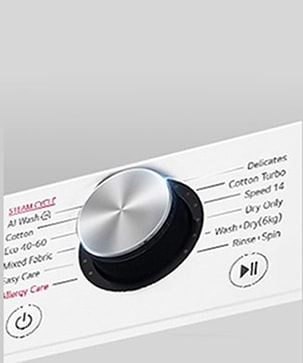 Išdidintas skalbyklės skydelio metalinės rankenėlės vaizdas.