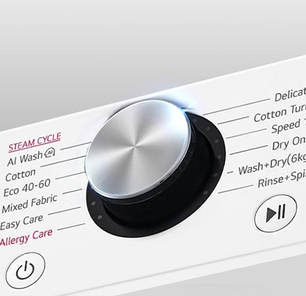 Išdidintas skalbyklės skydelio metalinės rankenėlės vaizdas.