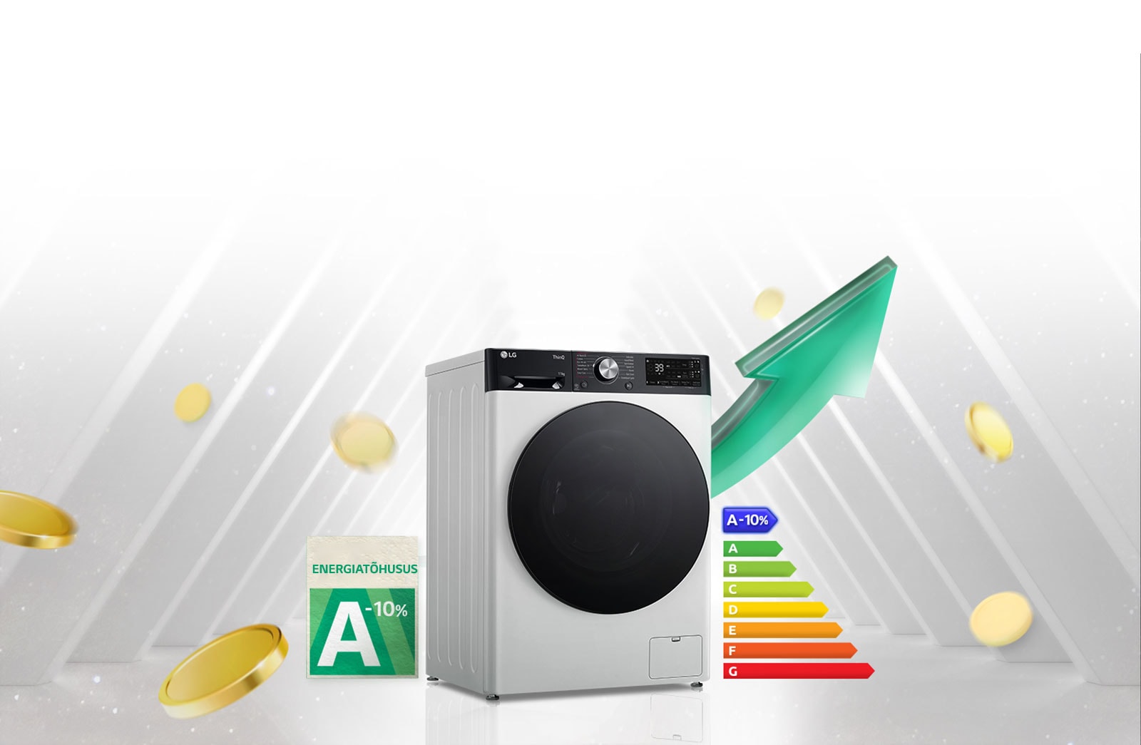 Prie skalbyklės parodyti A-10 % klasės energijos naudojimo efektyvumo įvertinimo etiketė ir energijos įvertinimo grafikas. Už skalbyklės pasirodo žalia aukštyn nukreipta rodyklė.