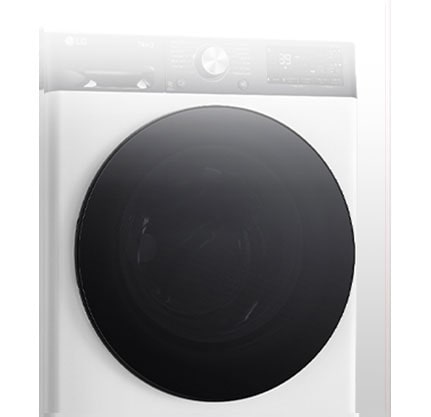 Aiškus skalbyklės su grūdintojo stiklo durelėmis vaizdas.