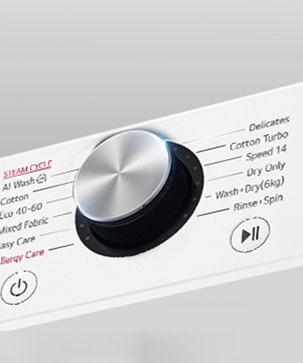 Išdidintas skalbyklės skydelio metalinės rankenėlės vaizdas.