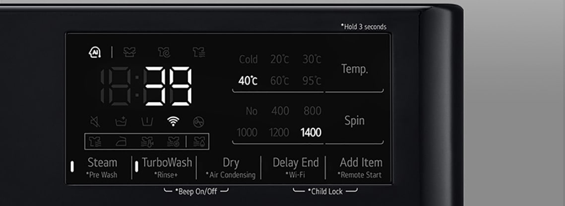 Išdidintas skalbyklės skydelio vaizdas su aiškiai matomu ekranu.