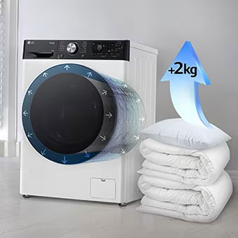 Antklodės ir pagalvės šalia skalbyklės, o ant pagalvės yra rodyklė, nurodanti 2 kg padidėjimą.