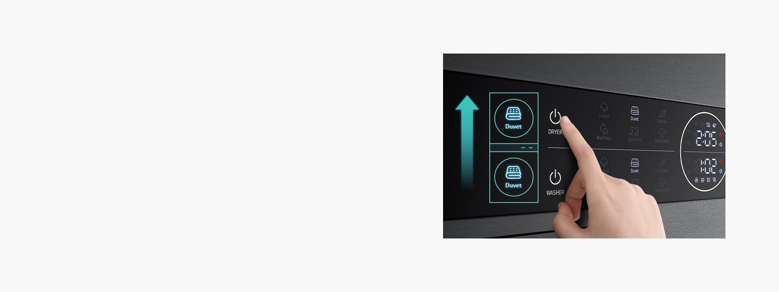 Tai gaminio skydelio vaizdas. Džiovyklės  antklodės ir skalbyklės antklodės mygtukai yra paryškinti.