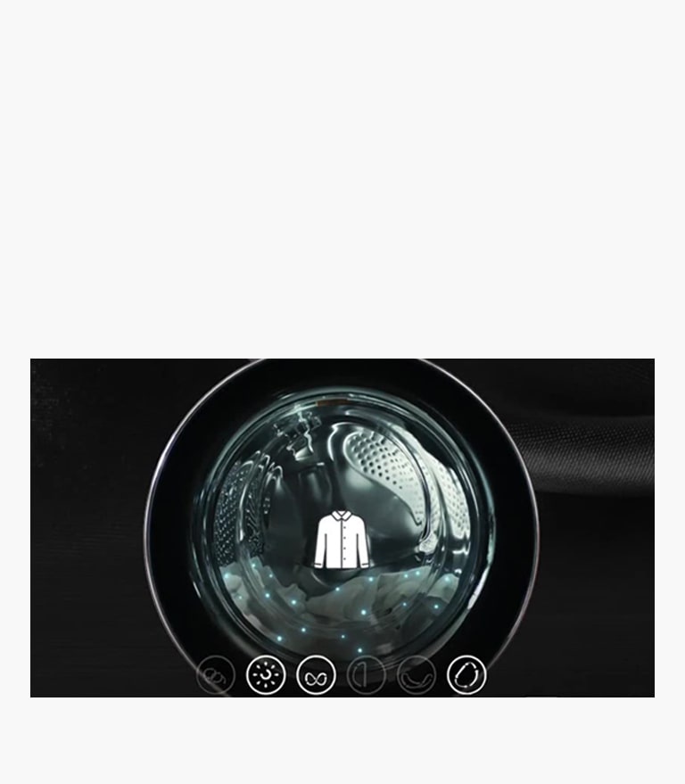 Čia yra skalbimo mašinos durelės. Už jų yra skalbyklė, o virš jos – marškinėlių piktograma.