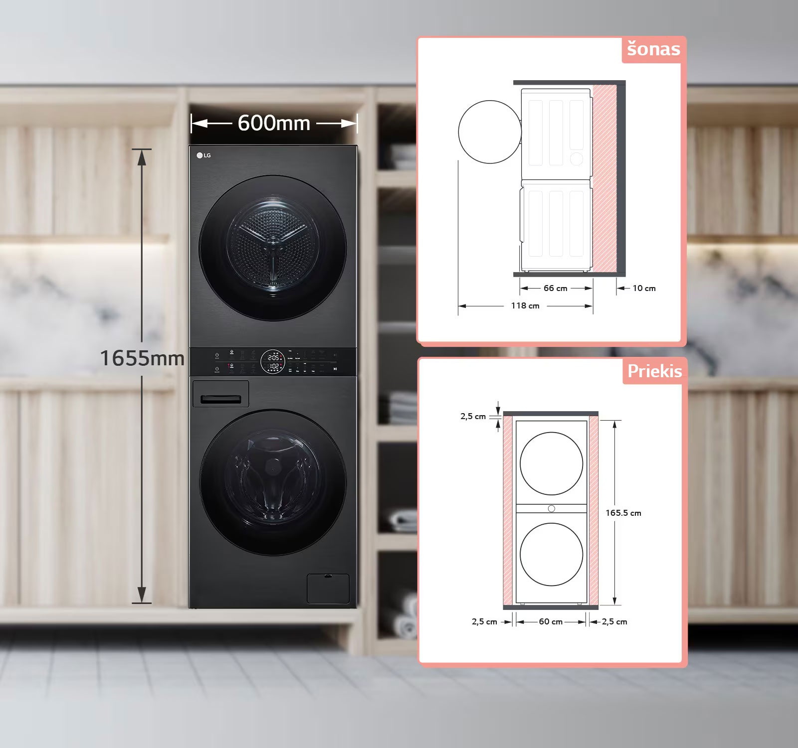 Jame paaiškinama, kiek vietos reikia montuojant prietaisą. Reikia bent 10 cm gale ir bent po 2,5 cm kairiajai ir dešiniajai dalims.