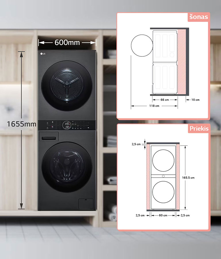 Jame paaiškinama, kiek vietos reikia montuojant prietaisą. Reikia bent 10 cm gale ir bent po 2,5 cm kairiajai ir dešiniajai dalims.
