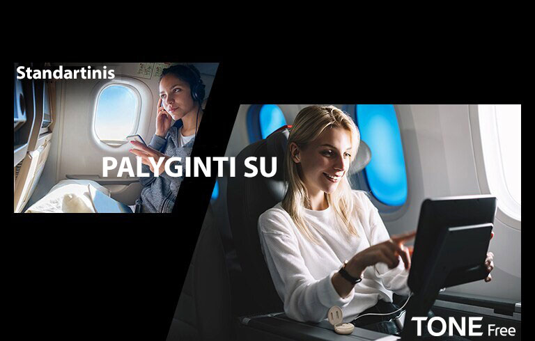Ši scena parodo funkcijos patogumą, tam palygindama „TONE Free“ belaidę funkciją ir įprastinį laidinį prijungimą. Šioje scenoje parodomas palyginimas, kaip skrydžio pramogų sistema mėgaujamasi įprastiniu būdu ir su „TONE Free“, tam dėvint ausines su laidais, arba „TONE Free“ ausinukus, kai dėklo AUX laidas prijungtas prie skrydžio pramogų ekrano.