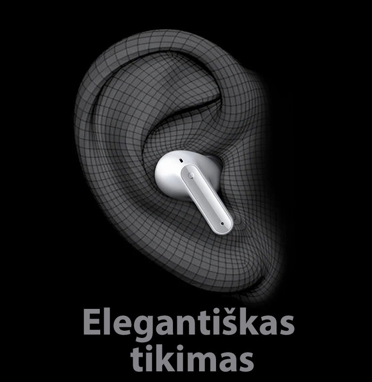 Trimatis atvaizdas su „TONE Free“, dėvimais ausies formoje. Žemiau pateiktas užrašas „Elegantiškas tikimas“.