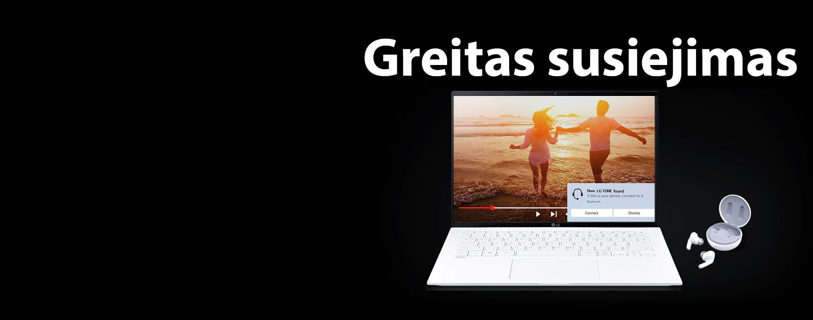 Atvaizdas su nešiojamuoju kompiuteriu ir „TONE Free“, padėtais po užrašu „Greitas susiejimas“, ir susiejimo įspėjimu, rodomu atidaryto nešiojamojo kompiuterio ekrane.