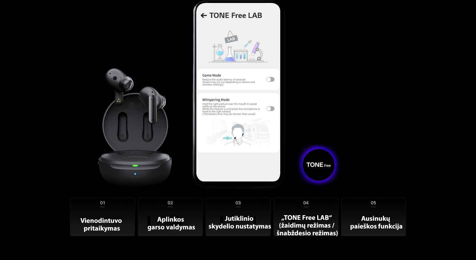 „TONE Free LAB“ ekrano mobiliajame telefone atvaizdas ir „TONE Free“ produktas, pavaizduotas šalia jo. Atvaizdo apačioje surašytos iš viso penkios „TONE Free“ programos funkcijos: vienodintuvo pritaikymas, aplinkos garso valdymas, jutiklinio skydelio nustatymas, „TONE Free LAB“ ir ausinukų paieškos funkcija.