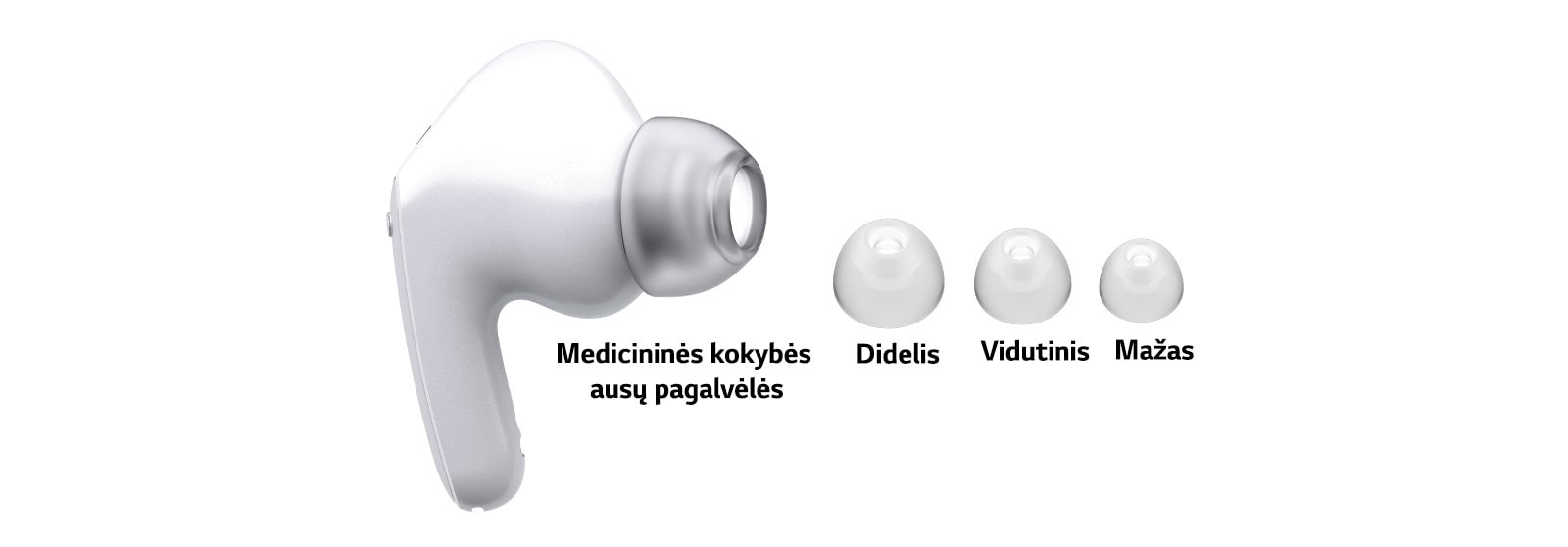 Atvaizdas su baltais ausinukais ir rinkiniu iš 3 dydžių ausų pagalvėlių: didelių, vidutinių ir mažų.