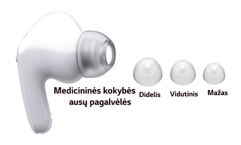 Atvaizdas su baltais ausinukais ir rinkiniu iš 3 dydžių ausų pagalvėlių: didelių, vidutinių ir mažų.