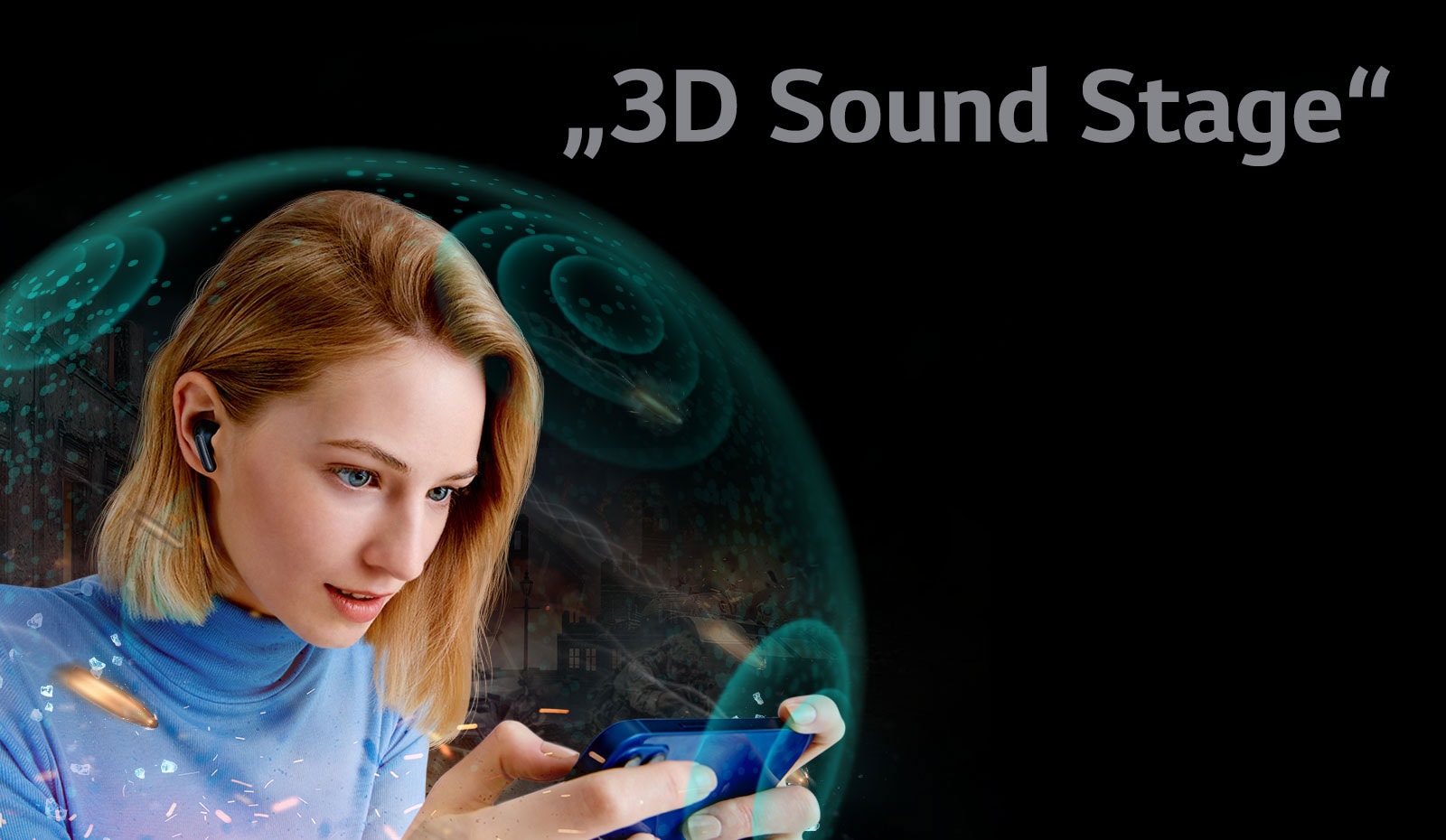 Permatomas atitvaras apsupa moterį, žiūrinčią filmą telefone ir dėvinčią ausinukus „TONE Free“, o virš jo rodomas užrašas „3D Sound Stage“.