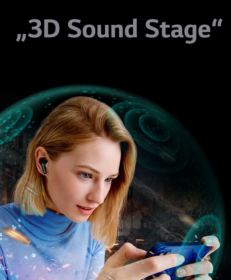 Permatomas atitvaras apsupa moterį, žiūrinčią filmą telefone ir dėvinčią ausinukus „TONE Free“, o virš jo rodomas užrašas „3D Sound Stage“.