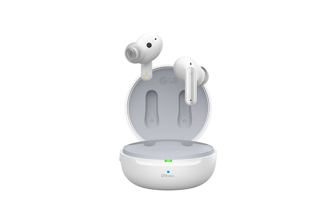 LG TONE Free UFP9W, Atidaryto dėklo vaizdas iš priekio su plūduriuojančiais ausinukais., TONE-UFP9W, thumbnail 2