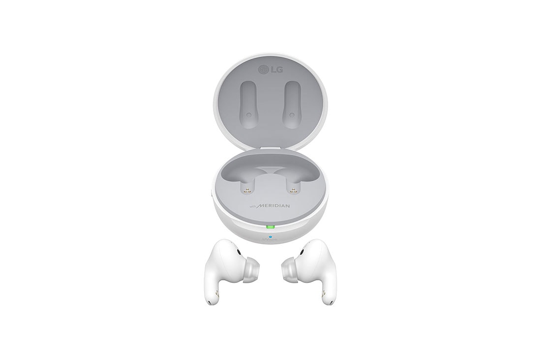 LG TONE Free UFP9W, Atidaryto dėklo vaizdas iš šono, abiejų pusių ausinukai padėti priešais šį dėklą., TONE-UFP9W, thumbnail 15