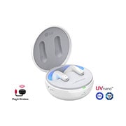 LG TONE Free UFP9W, 15 laipsnių kampo atvaizdas su atidarytu dėklu ir akcento apšvietimu bei „UVnano“ ir laidinio / belaidžio naudojimo logotipais, TONE-UFP9W, thumbnail 1