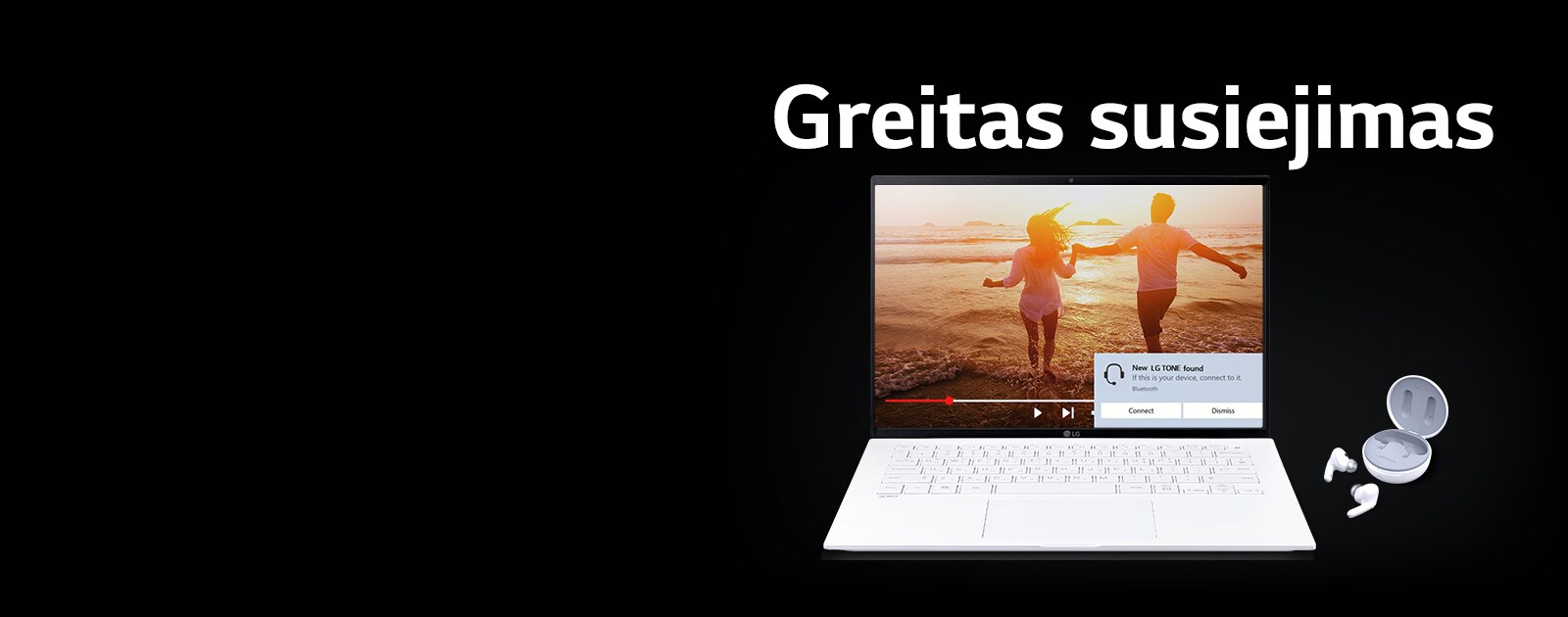 Atvaizdas su nešiojamuoju kompiuteriu ir „TONE Free“, padėtais po užrašu „Greitas susiejimas“, ir susiejimo įspėjimu, rodomu atidaryto nešiojamojo kompiuterio ekrane.