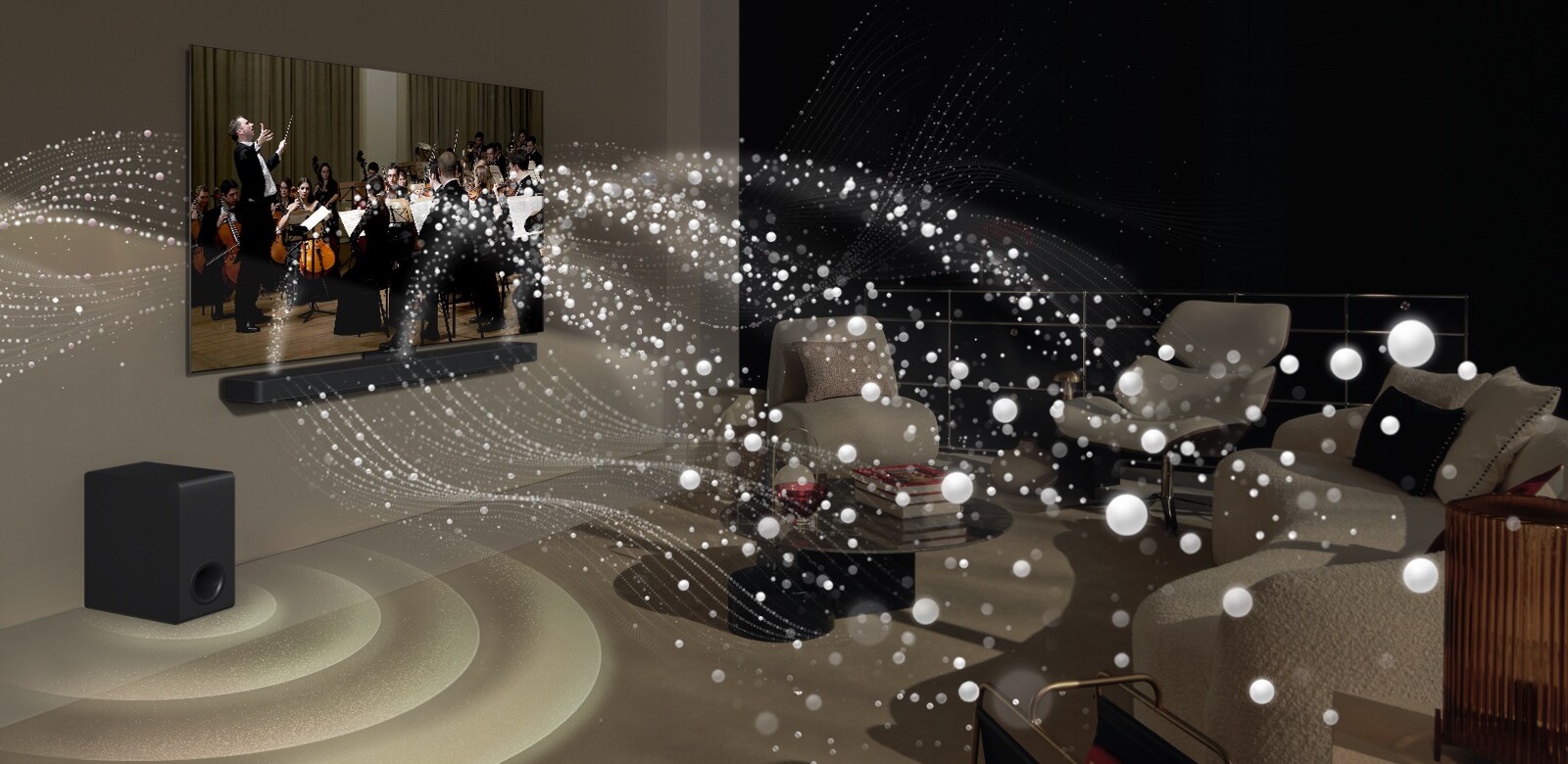 La LG Soundbar, la LG TV et un caisson de basse dans un salon diffusant un concert. Des vagues de son partent de la Soundbar vers le haut et vers l'avant et sont projetées par la TV. Un caisson de basse crée un effet sonore depuis la base.