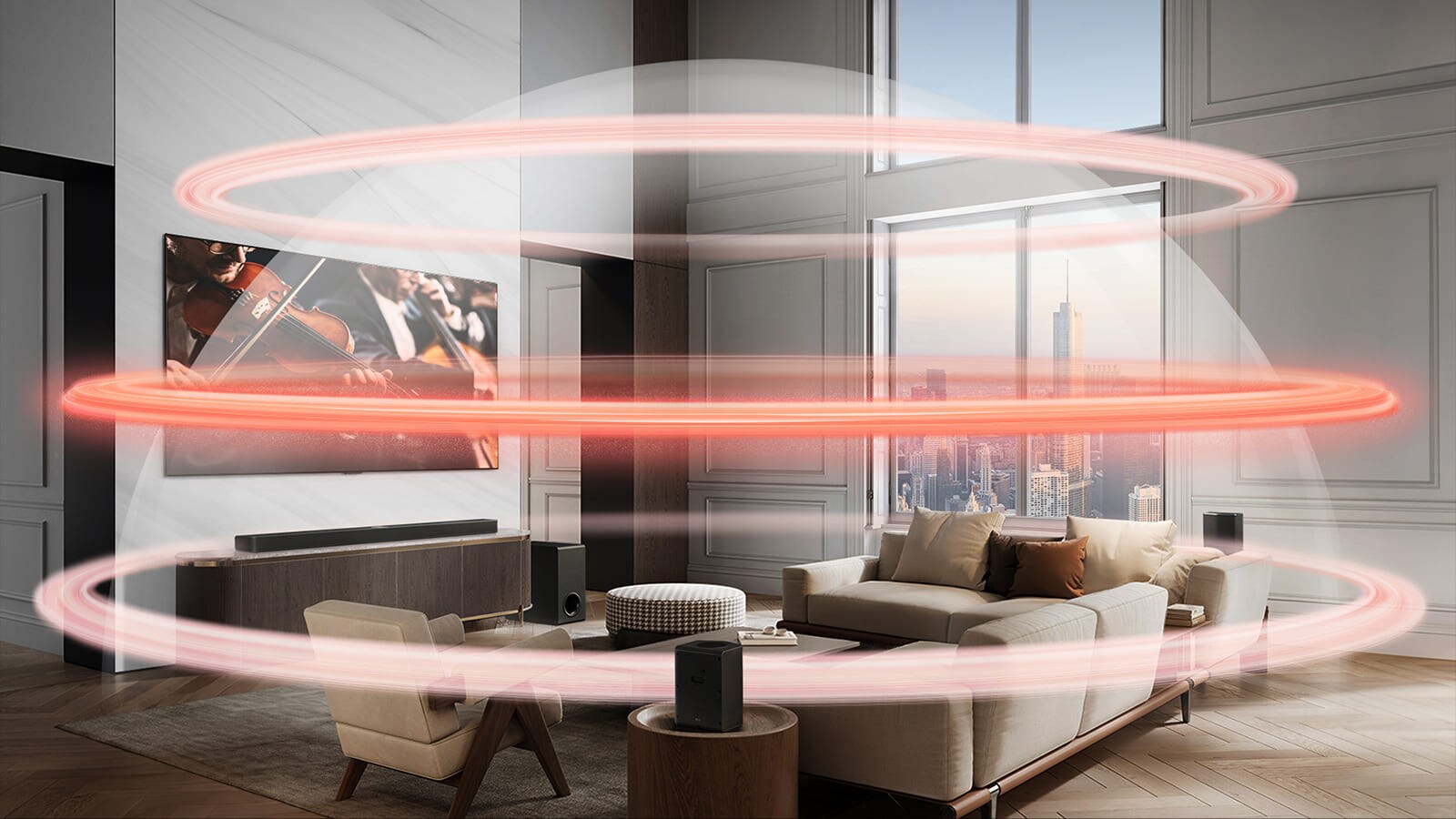 LG „Soundbar“ ir LG TV erdviame miesto bute. Trys raudonos juostos atskirai vaizduoja virtualius sluoksnius, kurie susijungia ir sukuria garso kupolą.