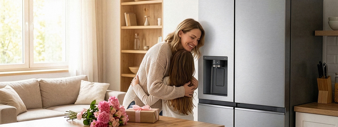 Mama ir vaikas apkabinę vienas kitą šalia nerūdijančio plieno LG šaldytuvo, prie stalo su gėlių puokšte ir dovana.