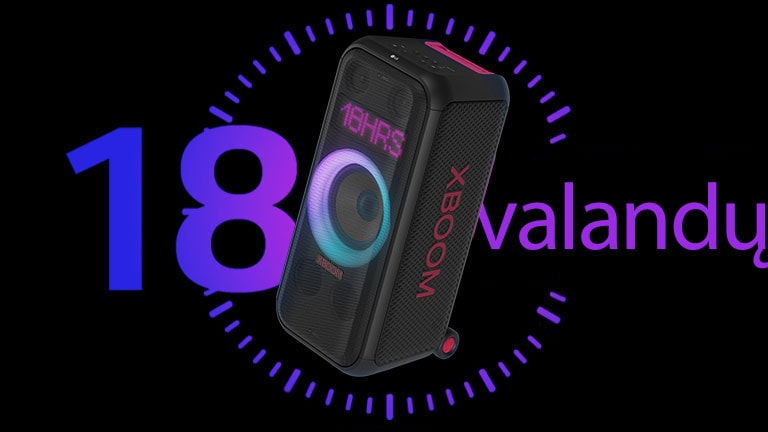 Garsiakalbis yra priešais laikrodžio piktogramą, o frazė „12 valandų“ užrašyta už garsiakalbio dizaino tikslu.