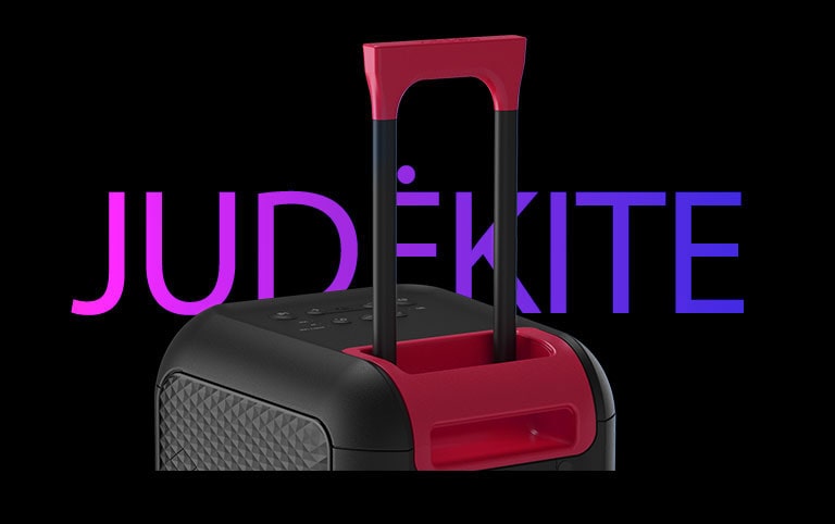 Stambus teleskopinės rankenos vaizdas Žodis „JUDĖKITE“ parašytas už garsiakalbio dizaino tikslu.