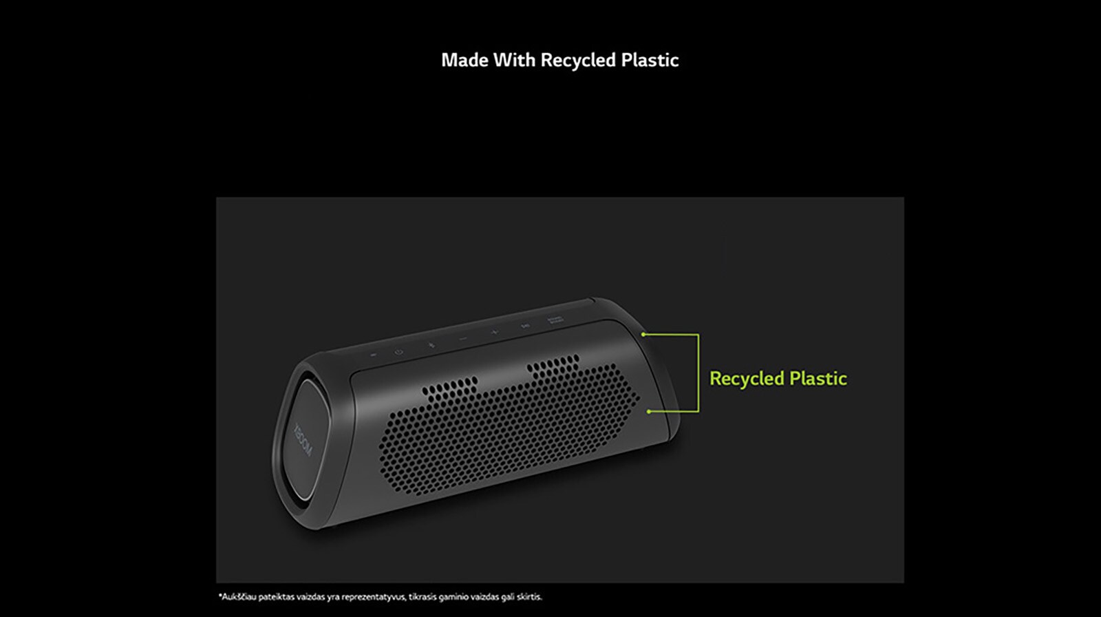 Pateikiamas įstrižas garsiakalbio vaizdas, kuriame matyti perdirbtos dalys.