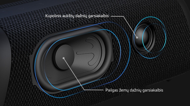 LG XBOOM Go XG5 įstrižainės vaizdas, kuriame matomas takelio tipo garsiakalbis ir kupolo formos aukštų dažnių garsiakalbis.