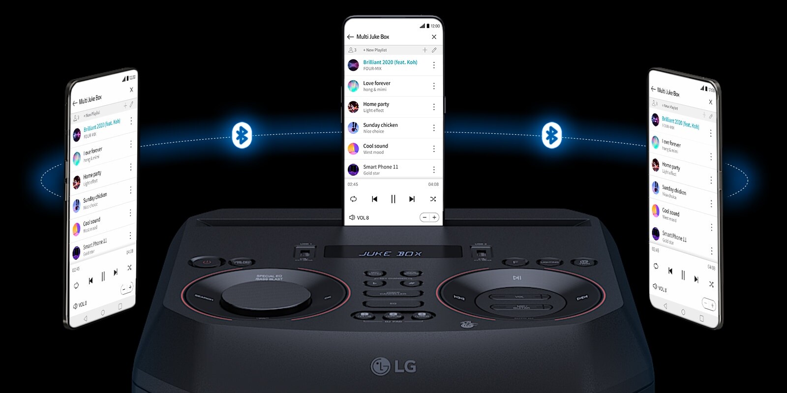 Vienas išmanusis telefonas įstatytas į LG XBOOM RNC7, o kiti du išmanieji telefonai sklando aplink. Tarp išmaniųjų telefonų yra „Bluetooth“ logotipas.