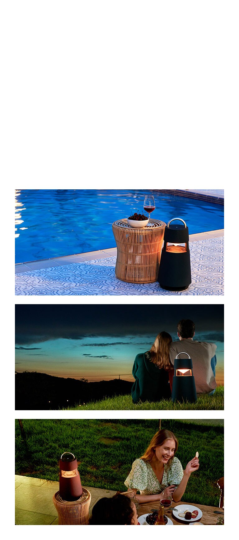 "Paveikslėlyje vaizduojamas XBOOM 360 su geltonos spalvos apšvietimu, stovintis šalia lauko baseino. Paveikslėlyje vaizduojamas XBOOM 360 už vyro ir moters, kurie mėgaujasi saulėlydžiu nakties danguje. Paveikslėlyje vaizduojamas XBOOM 360 kairėje pusėje už moters, kuri mėgaujasi vakarėliu, nugaros."