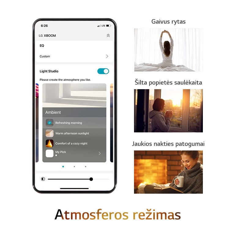 "Vaizduojamas mobilusis telefonas su įjungta programėle, o joje pasirinktas atmosferos režimas. Pateikti 3 paveikslėliai, kuriuose moteris atsisėdusi lovoje rąžosi, moteris stebi saulėlydį ir moteris ilsisi skaitydama knygą."