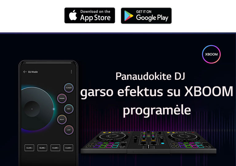Vaizduojama programėlė mobiliojo telefono ekrane, kurioje įjungtas DJ režimas, o šalia yra DJ garso efektų valdikliai. Paveikslėlio viršuje yra XBOOM programėlės logotipas.