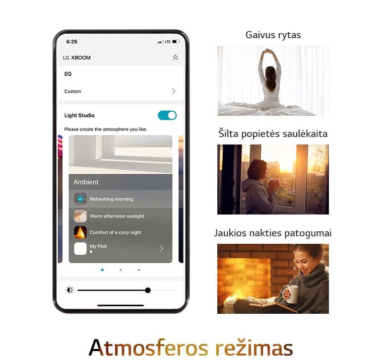 Vaizduojamas mobilusis telefonas su įjungta programėle, o joje pasirinktas atmosferos režimas. Pateikti 3 paveikslėliai, kuriuose moteris atsisėdusi lovoje rąžosi, moteris stebi saulėlydį ir moteris ilsisi skaitydama knygą.