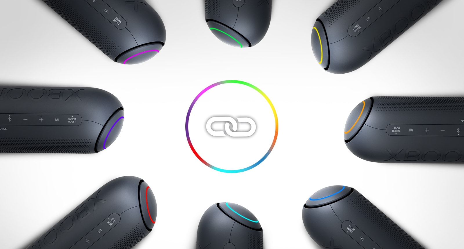 Baltame fone pavaizduoti aštuoni „LG XBOOM Go“ su įvairiomis šviesomis, sudėti ratu aplink susiejimo piktogramą.