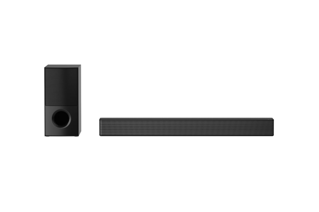 LG 4.1 kanalų „Sound Bar'' garso sistema su 600W galios garso išvestimi, vaizdas iš priekio su žemų dažnių garsiakalbiu ir galiniu garsiakalbiu, SNH5
