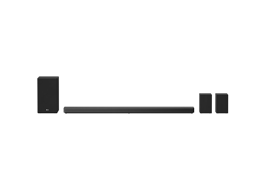LG 7.1.4 kanalų „SoundBar“ garso sistema su „Dolby Atmos“ ir 770W galios garso išvestimi, vaizdas iš priekio su žemų dažnių garsiakalbiu ir galiniu garsiakalbiu, SN11R
