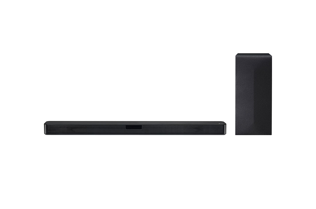 LG 2.1 kanalų „SoundBar“ garso sistema su 300W galios garso išvestimi, vaizdas iš priekio su žemų dažnių garsiakalbiu, SN4