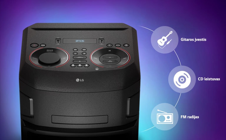 LG XBOOM viršutinės dalies vaizdas stambiu planu; aplink produktą pateikiamos ryšio piktogramos.