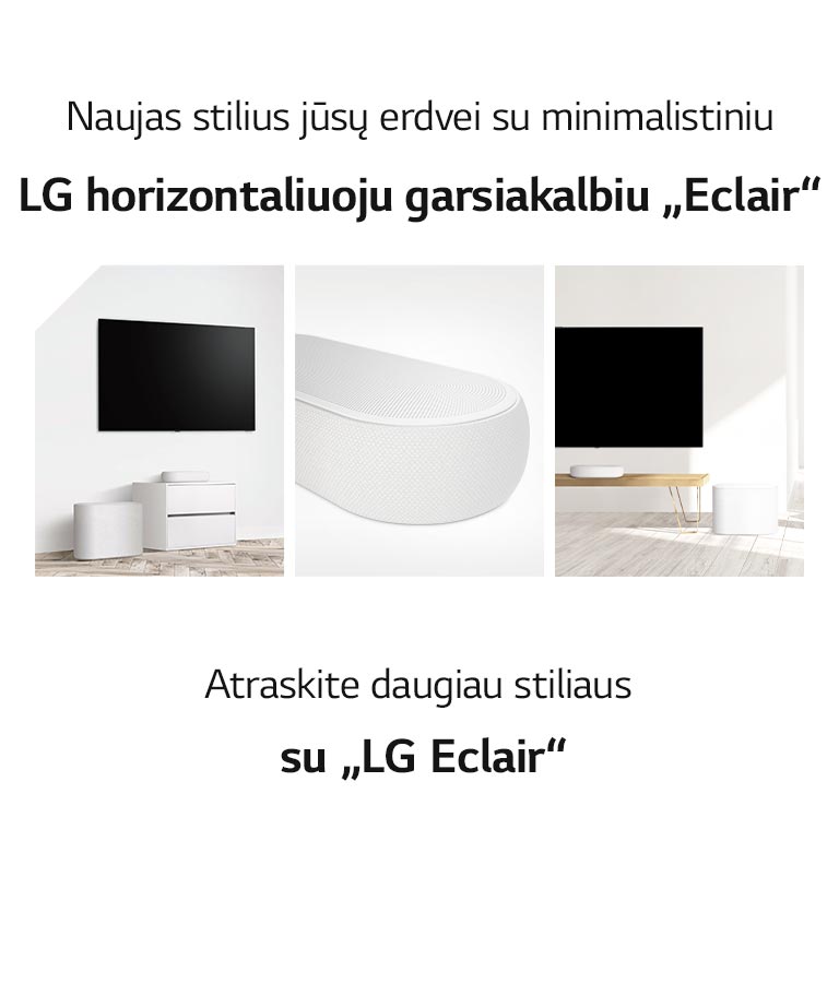 Koliažas iš trijų paveikslėlių: kairėje – horizontalusis garsiakalbis ir žemadažnis garsiakalbis baltoje svetainėje; viduryje – stambus horizontaliojo garsiakalbio dešinės pusės planas; dešinėje – horizontalusis garsiakalbis ir žemadažnis garsiakalbis, padėti ant medinės spintelės.