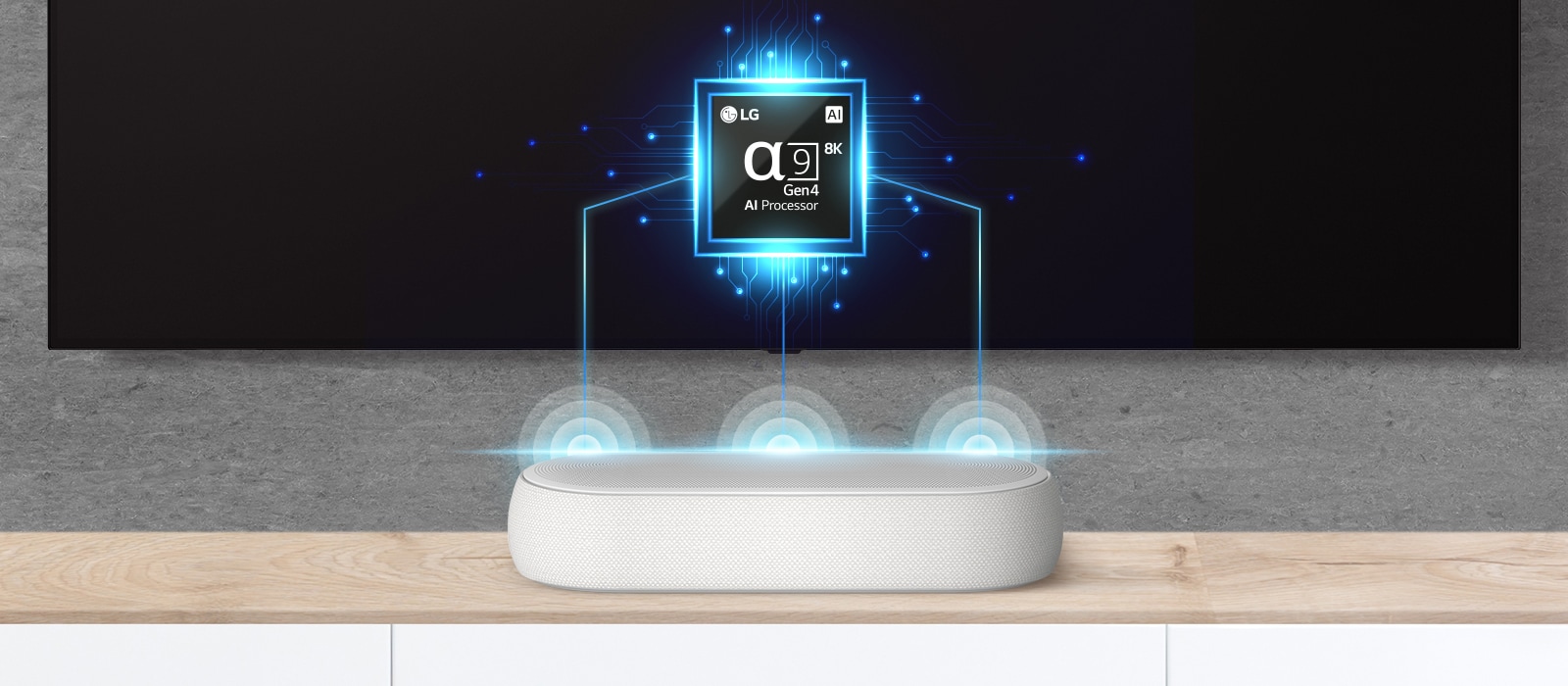 Televizoriuje parodomas procesoriaus „Alpha 9“ atvaizdas, o tiesiai po juo yra horizontalusis garsiakalbis. Taip pat pavaizduotos garso bangos, sklindančios iš horizontaliojo garsiakalbio.