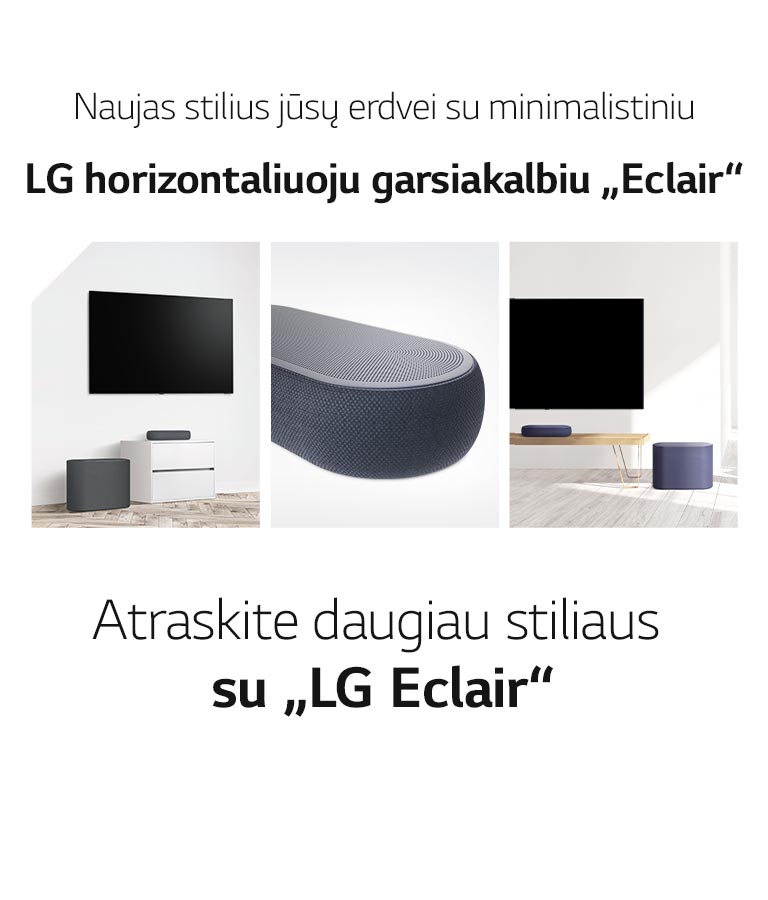 Koliažas iš trijų paveikslėlių: kairėje – horizontalusis garsiakalbis ir žemadažnis garsiakalbis baltoje svetainėje; viduryje – stambus horizontaliojo garsiakalbio dešinės pusės planas; dešinėje – horizontalusis garsiakalbis ir žemadažnis garsiakalbis, padėti ant medinės spintelės.