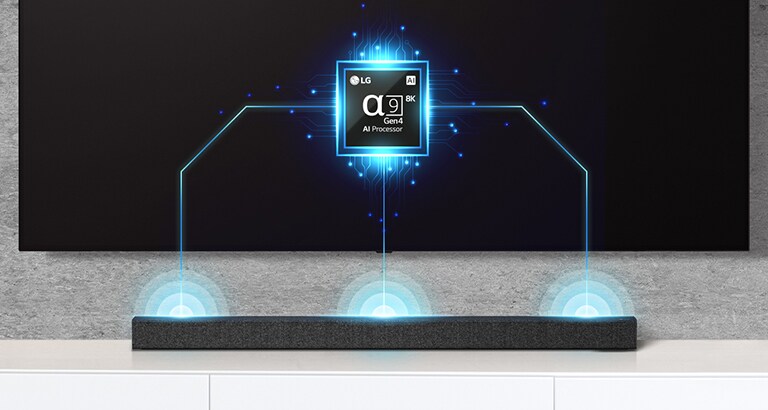 Televizoriuje parodomas procesoriaus „Alpha 9“ atvaizdas, o tiesiai po juo yra horizontalusis garsiakalbis. Taip pat pavaizduotos garso bangos, sklindančios iš horizontaliojo garsiakalbio.