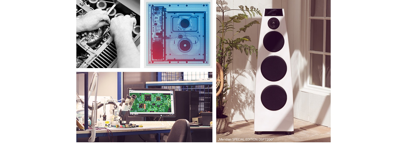 Koliažas Pagal laikrodžio rodyklę iš viršutinio kairiojo kampo: du „Meridian“ vidinės aparatūros paveikslėliai, baltas „Meridian“ garsiakalbis ir „Meridian“ tyrimų bei technologijų diegimo stalas.