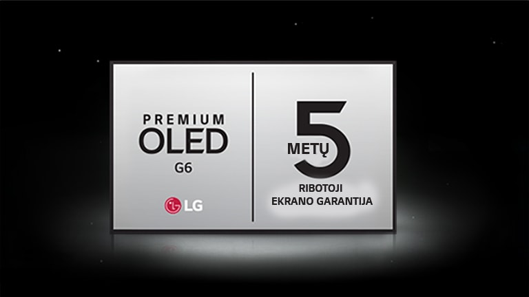 „Premium OLED G6“ 5 metų ribotosios ekrano garantijos logotipas tamsiame fone.