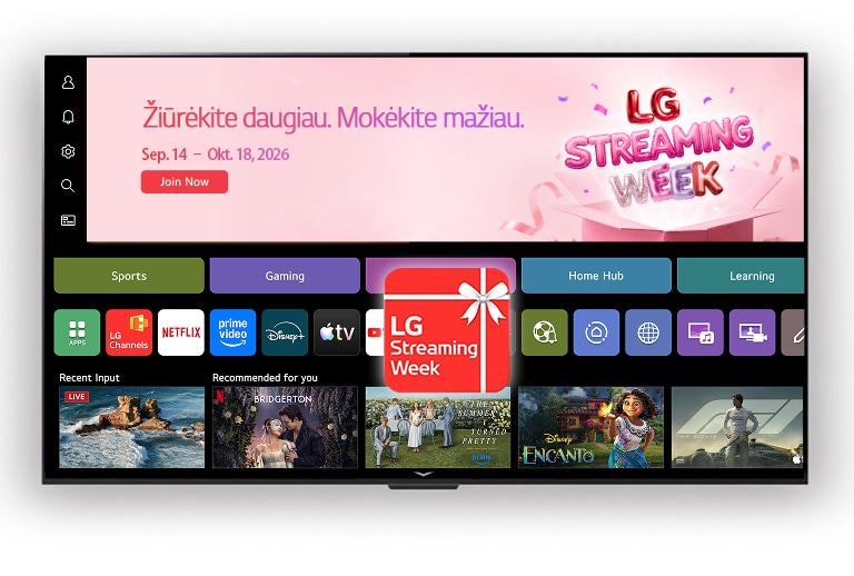 webOS pagrindinė vartotojo sąsaja su LG Streaming Week reklamjuoste ir programėlės piktograma, ekrane rodomos srautinio duomenų perdavimo programėlės ir rekomenduojamas turinys.